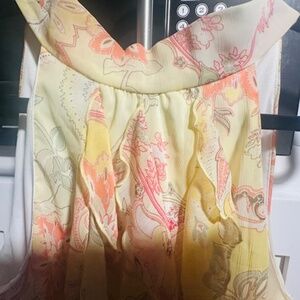 BCX Light Yellow/Pink Ruffle  front tie back neck Halter Top (L) Brand New!